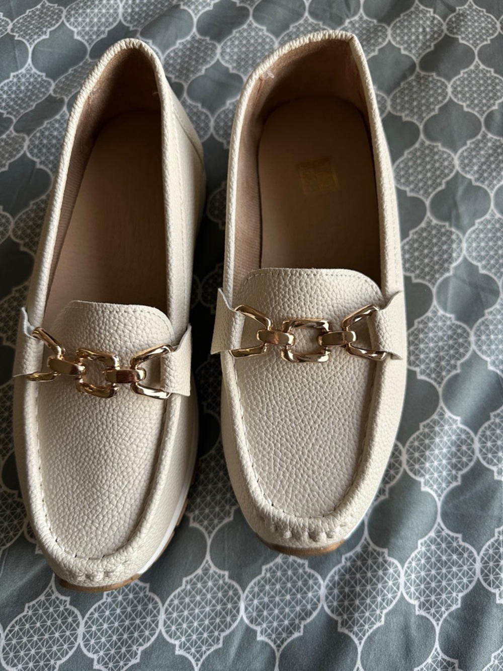 Women's Cream Leather-Look Chain Loafers